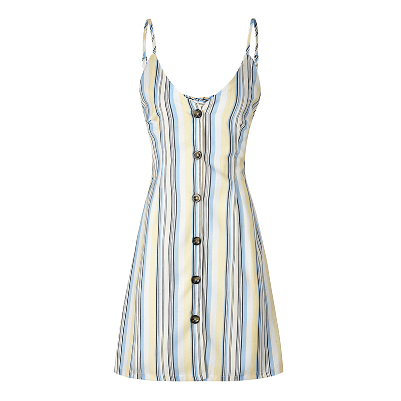 USA SIZE Single-row button printed sling dress backless straps bow holiday A word beach skirt