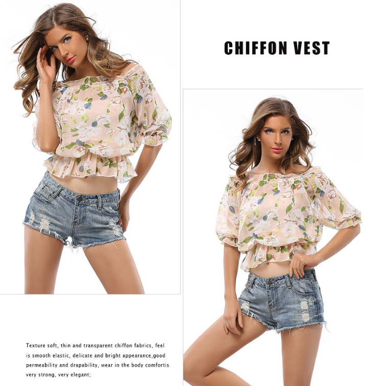 USA SIZE Leisure vacation Europe and the United States fashion print elastic waist one-neck collar strapless chiffon shirt