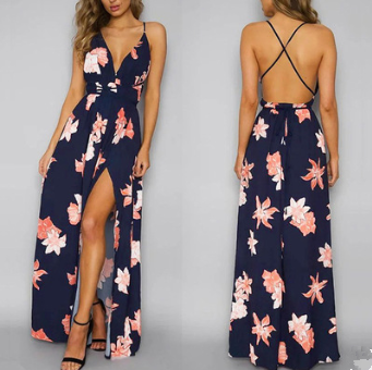 USA SIZE Sexy Deep V-neck Halter Beach Dress Solid Color Bandage Long Dress