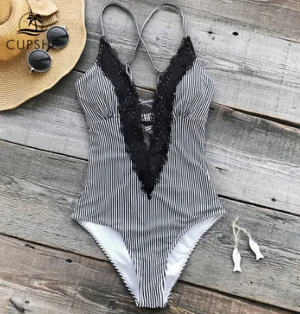 Women's Siamese Lace Striped Bikini Black - Shop at LoveMi