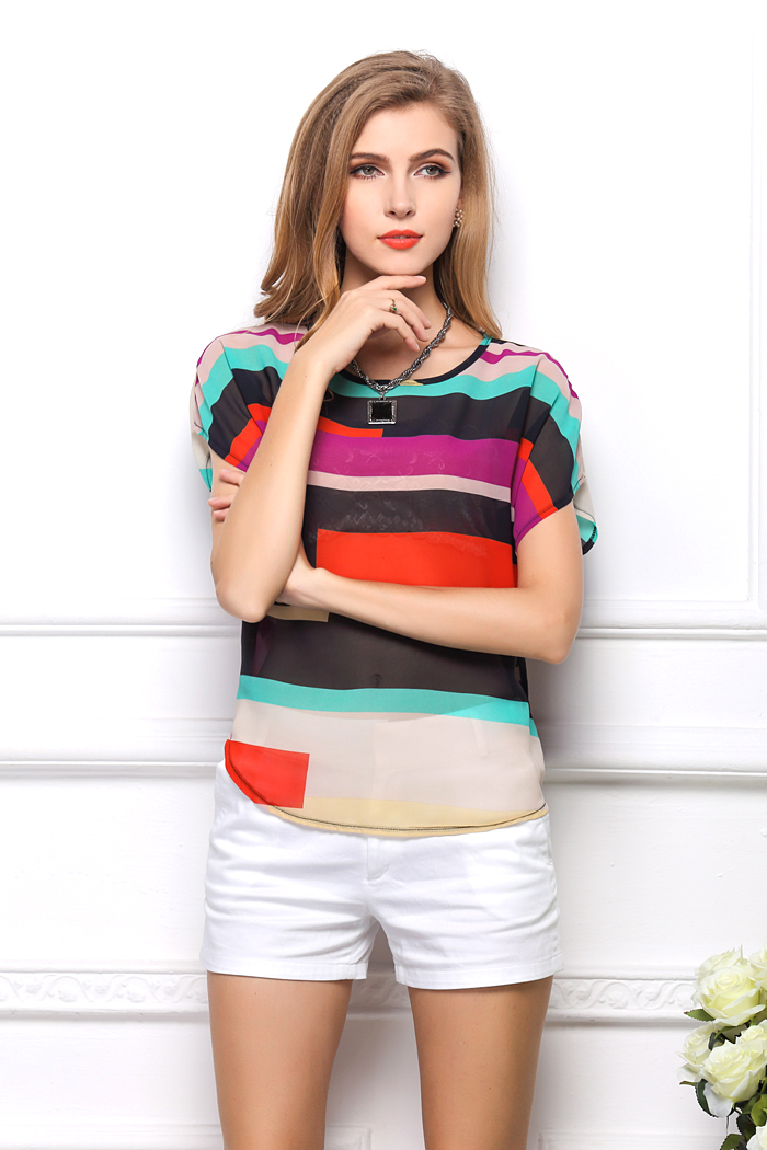 USA SIZE Large size colorful striped bat shirt rainbow t-shirt loose short sleeve irregular colorful striped chiffon shirt