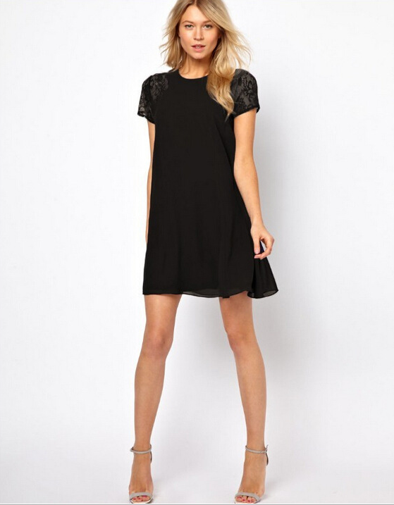 USA SIZE Stitched short-sleeved lace chiffon dress