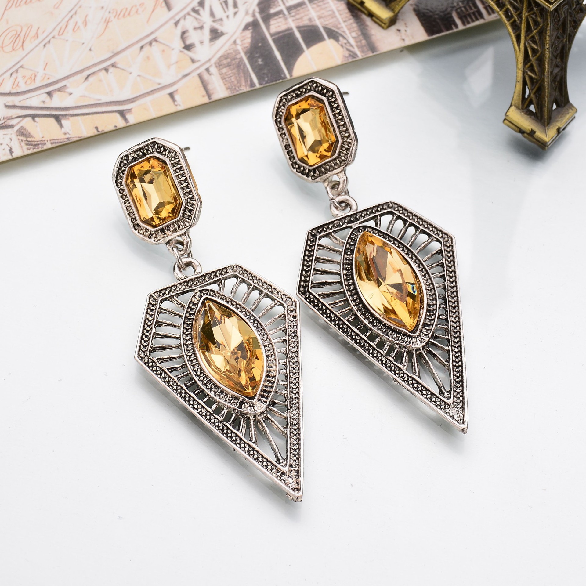 European and American popular fashion ancient style crystal gem triangle earrings
