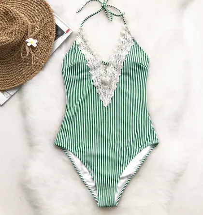 Women's Siamese Lace Striped Bikini Green - Shop at LoveMi