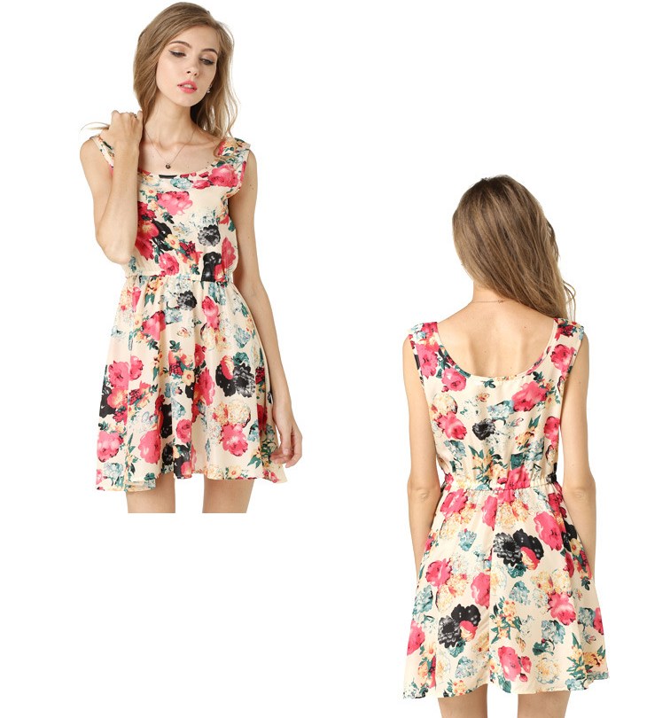 USA SIZE Summer bottom skirt Sleeveless printed chiffon dress Floral vest dress