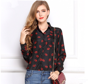 USA SIZE Large size women's blouse lapel long sleeve lip print bottoming shirt chiffon shirt