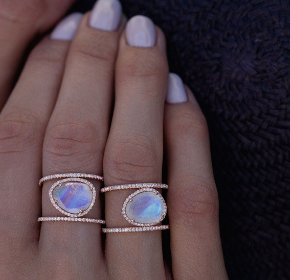 New Irregular Natural Moonstone Ring Plated 14k Rose Gold Micro-Inset Ring