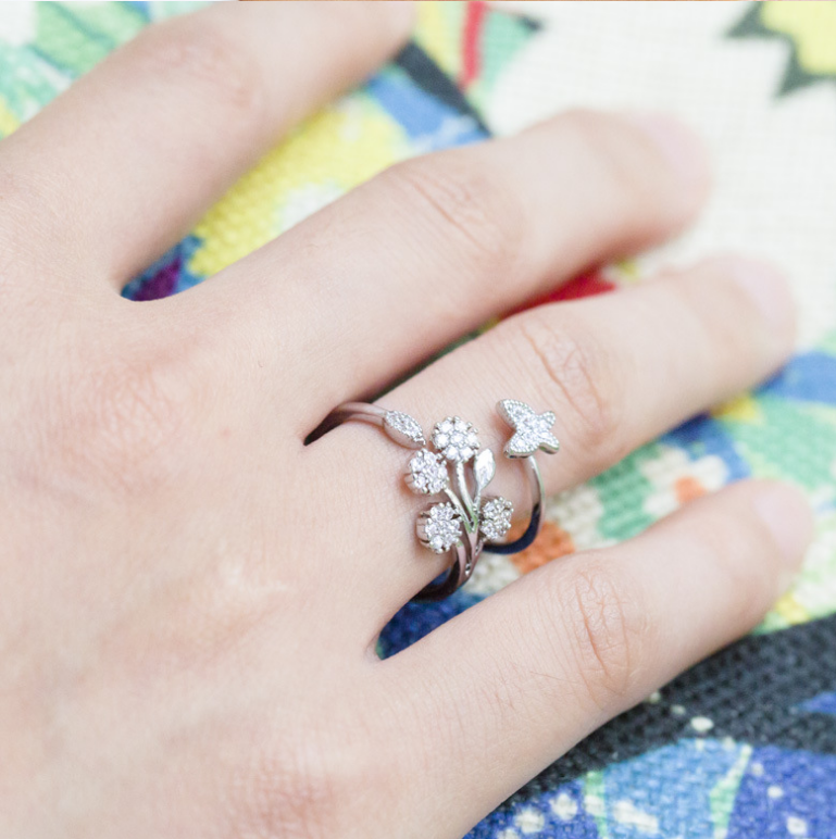 Butterfly micro-inlaid opening ladies ring wild dandelion index finger ring