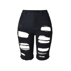 High waist personality, hole, middle pants, street fashion, the same paragraph, wild slim stretch pants, large size - Black - View 1