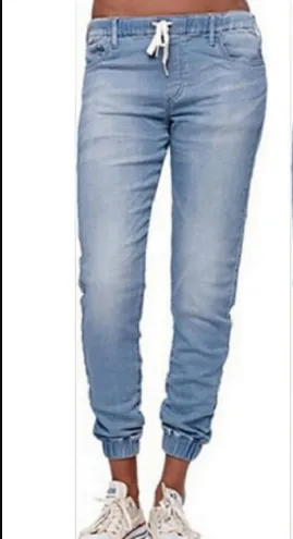 Autumn explosions Europe and the United States denim trousers tie the foot lantern jeans women - Light Blue