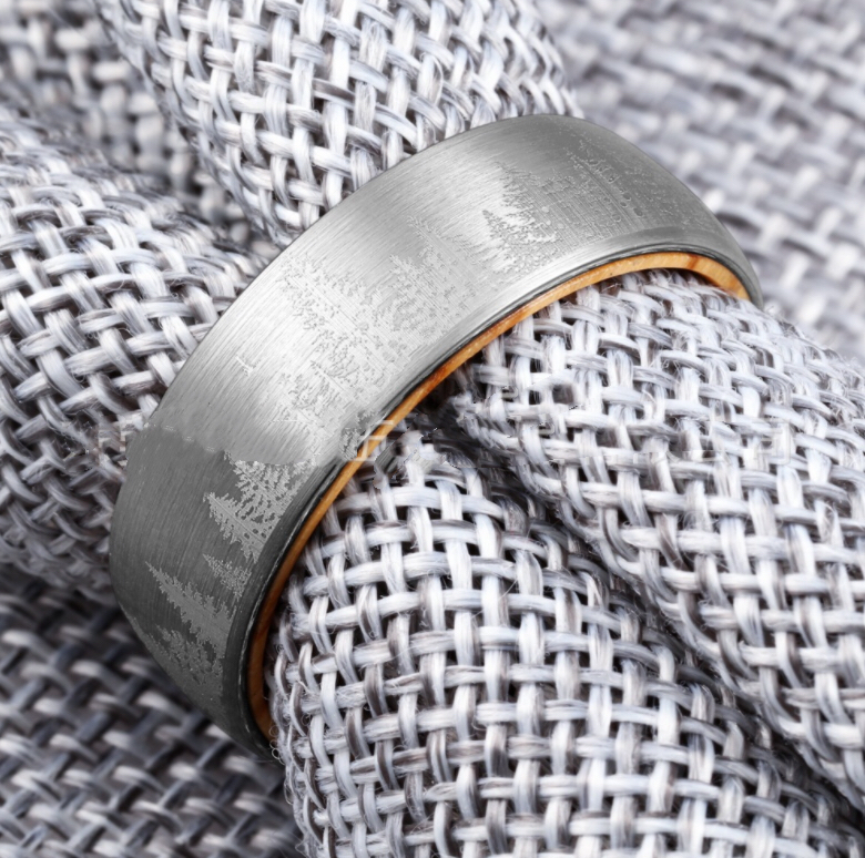Pine Wood Polished Tungsten Ring
