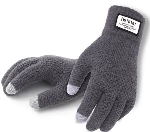 Winter Autumn Men Knitted Gloves Touch Screen Male Thicken Warm Wool Cashmere Solid Gloves Men Mitten Business - Gray
