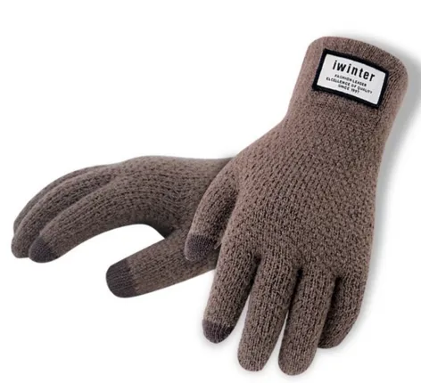 Winter Autumn Men Knitted Gloves Touch Screen Male Thicken Warm Wool Cashmere Solid Gloves Men Mitten Business - Brown