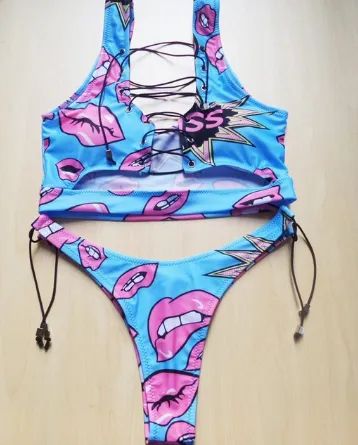 Pineapple Bikini for big boob Women Lace Up Swimwear Thong bikini set two pieces Swimsuit Bathing Suit female M Lips - Shop at LoveMi