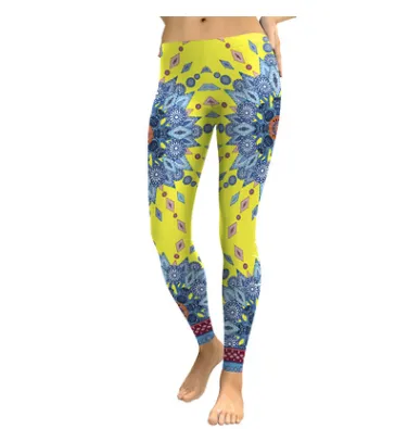 Yellow Blue Starburst Mandala Flower Yoga Workout Leggings - Yellow