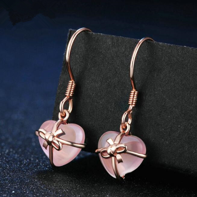 Fine Jewelry Earrings Girl Heart 100 Natural Rose Quartz 925 Sterling Silver Bowknot Jewelry Earrings