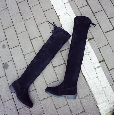autumn and winter new small pepper thick with over the knee boots ladies black flat low heel stovepipe long boots Black - Shop at LoveMi