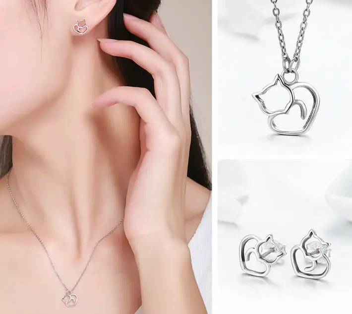 Platinum Plated 925 Sterling Silver Cat Heart Necklace