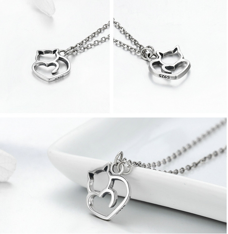 Platinum Plated 925 Sterling Silver Cat Heart Necklace