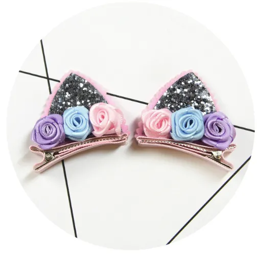 Set Cute Clips For Girls Glitter Rainbow Felt Fabric Flowers Hairpins Cat Ears Bunny Barrettes Kids Hair Accessories Silver - Shop at LoveMi
