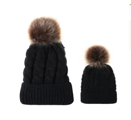Autumn and winter ball twist knit hat Warm female parent child imitation braid hair ball wool cap Black - Shop at LoveMi