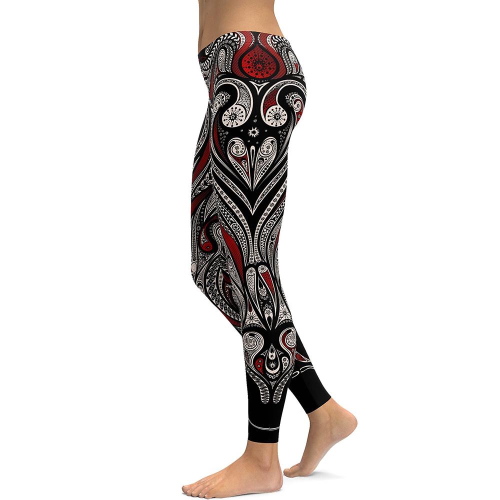 Red Rose Black Mandala Weave Yoga Workout Leggings Black - Shop at LoveMi