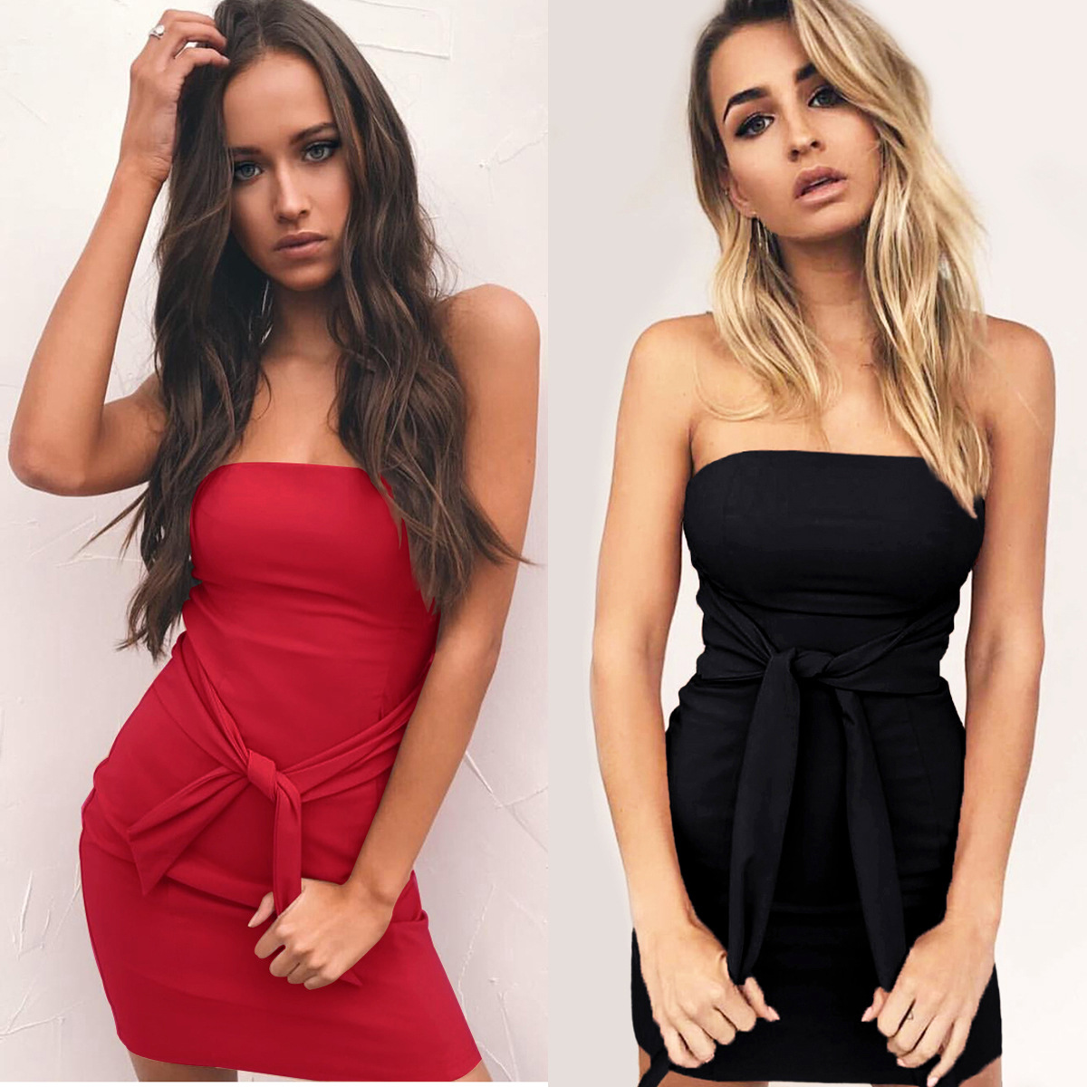 Wrapped chest waist tight stitching strap sexy dress