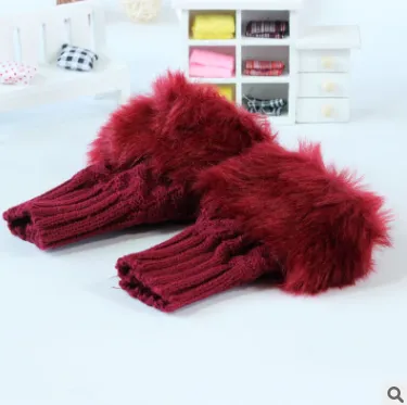 Autumn and winter warm thickening ladies gloves Korean rabbit hair cute half finger gloves wool knit gloves Red Wine - Shop at LoveMi
