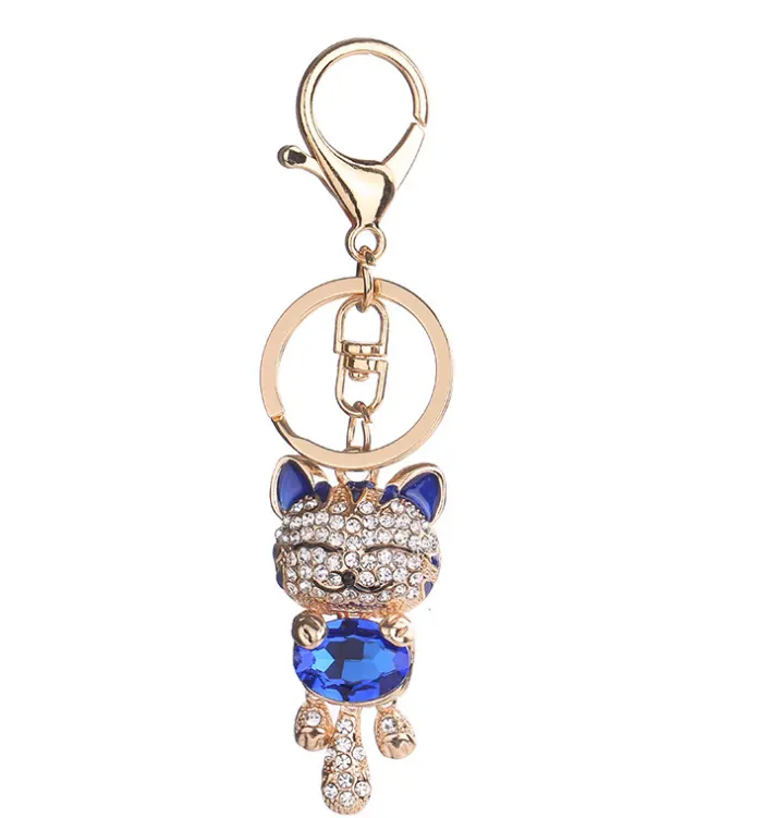 Fashion Enamel Lucky Cat Crystal Keychain Alloy Keyring