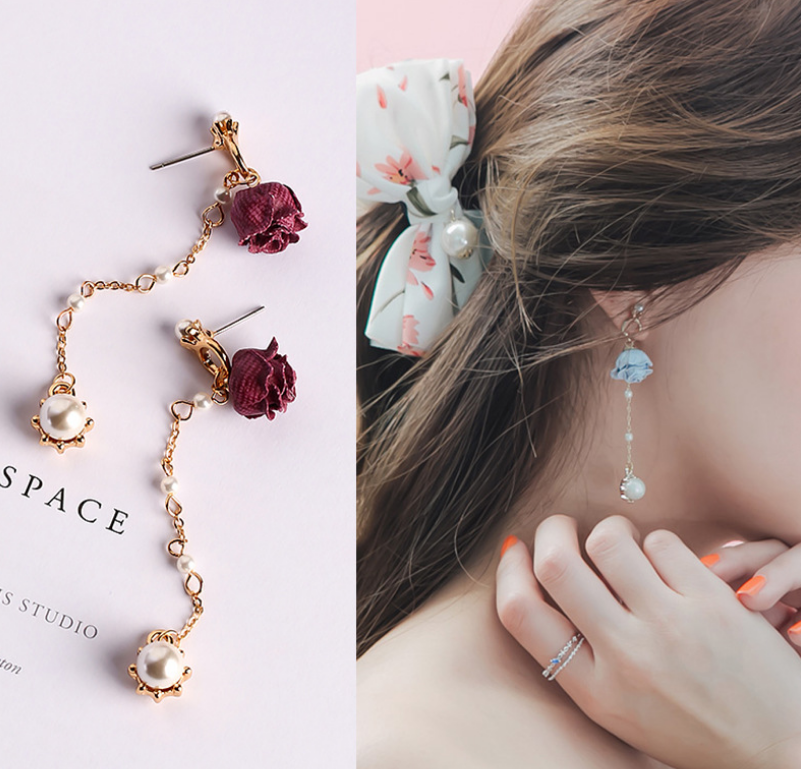 Korean version of the sweet fabric flower earrings lady OL temperament earrings long pearl tassel rose earrings women