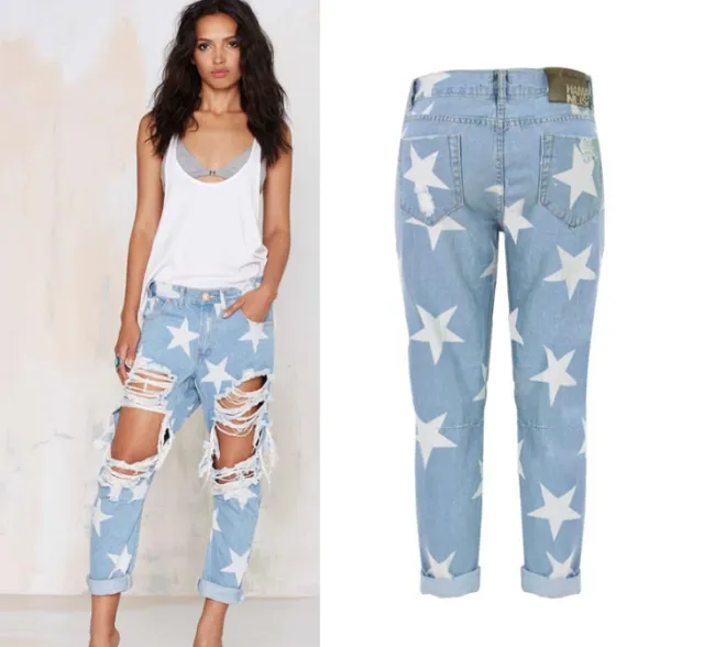 European and American women's new hole denim loose straight pants star print pants Blue - Shop at LoveMi