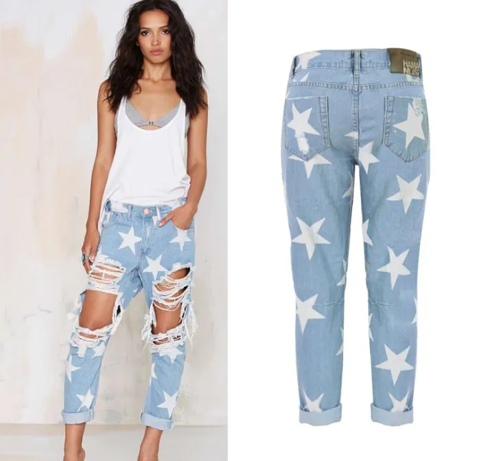 European and American women's new hole denim loose straight pants star print pants - Blue