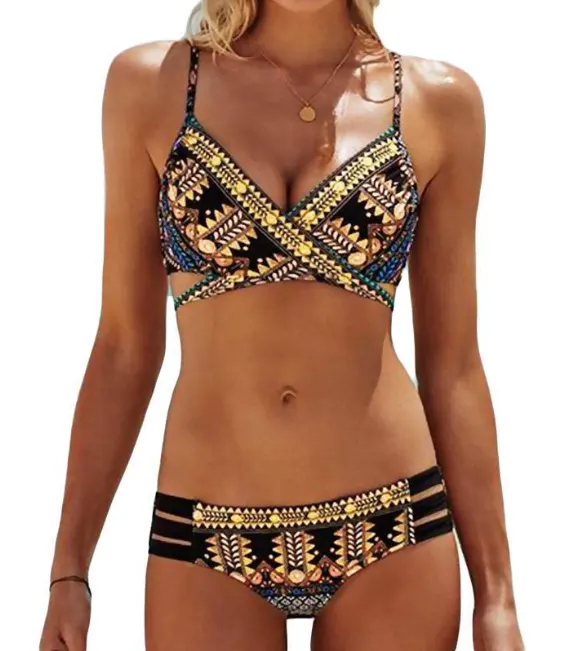 Chest Cross Straps Ethnic Style Print Sexy Bikini Swimsuit