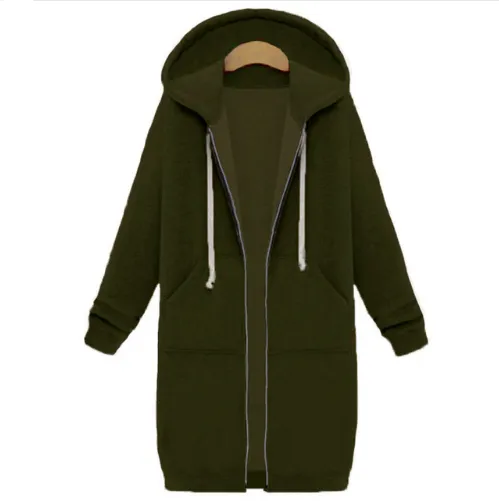 Hooded long-sleeved winter sweater women's jacket in a long thick shirt - Army Green