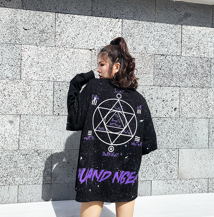 Autumn country tide high street dark black loose oversize round neck sweater men and women hip hop printed fake two-piece sweater