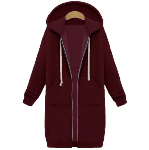 Hooded long-sleeved winter sweater women's jacket in a long thick shirt - Wine