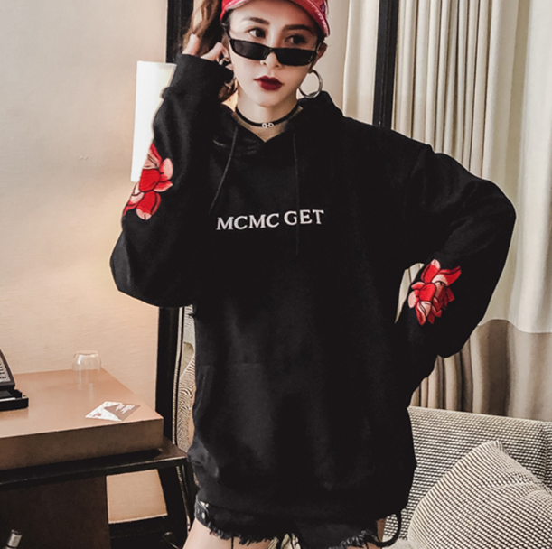 Embroidered autumn student hooded loose sweater tide BF lovers