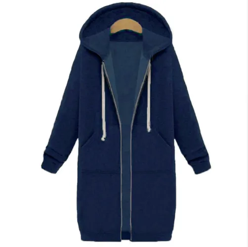 Hooded long-sleeved winter sweater women's jacket in a long thick shirt - Blue