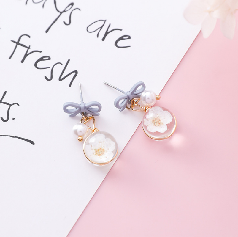 Korean girl heart bow pearl flower earrings sweet glass cherry blossom bulb earrings wild earrings
