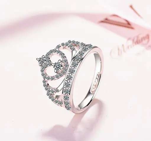 Princess Style Cubic Zirconia Hollow Heart Silver Rose Gold Color Crown Ring Jewelry Party Engagement Wedding