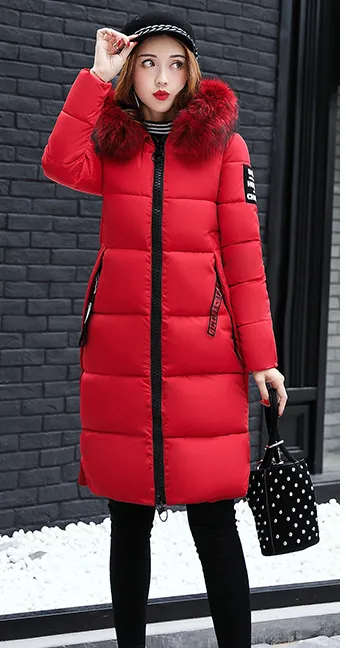 The New Cotton Padded Winter Long Big Girls Slim Korean Fur Collar Size Feather Padded Female Thickening - Red