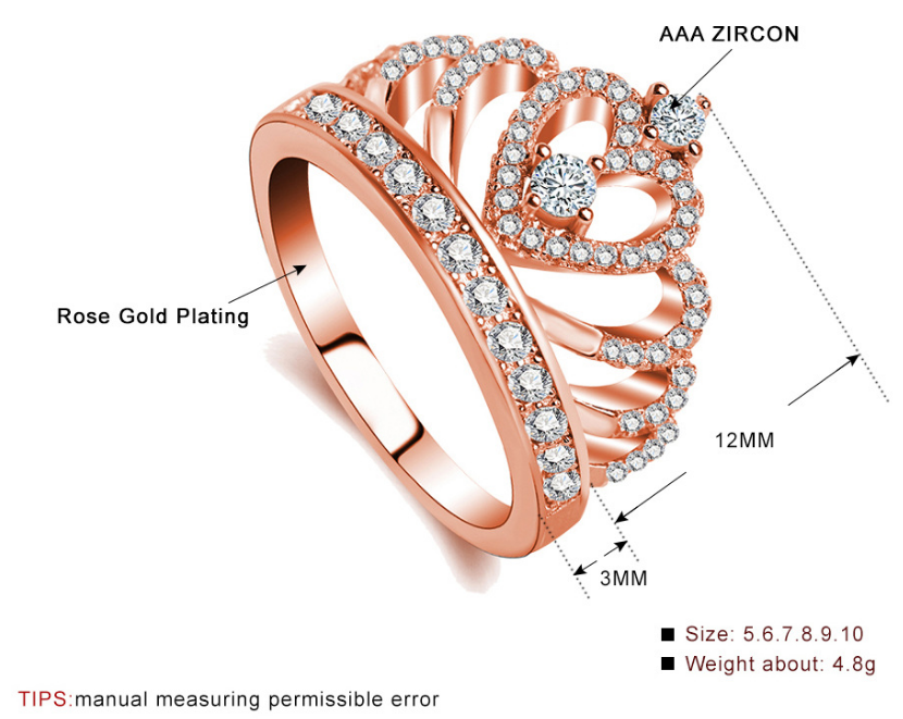 Princess Style Cubic Zirconia Hollow Heart Silver  Rose Gold Color Crown Ring Jewelry Party Engagement Wedding