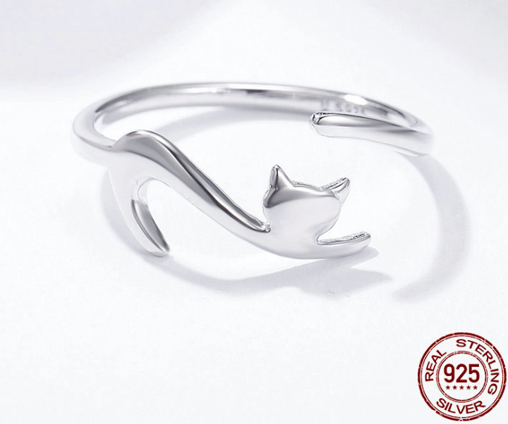 S925 Silver Ring Cute Kitten Silver Plated White Gold Ring