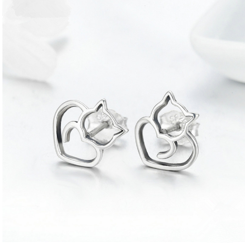 new simple silver cat earrings female s925 sterling silver hollow female earrings small animal silver