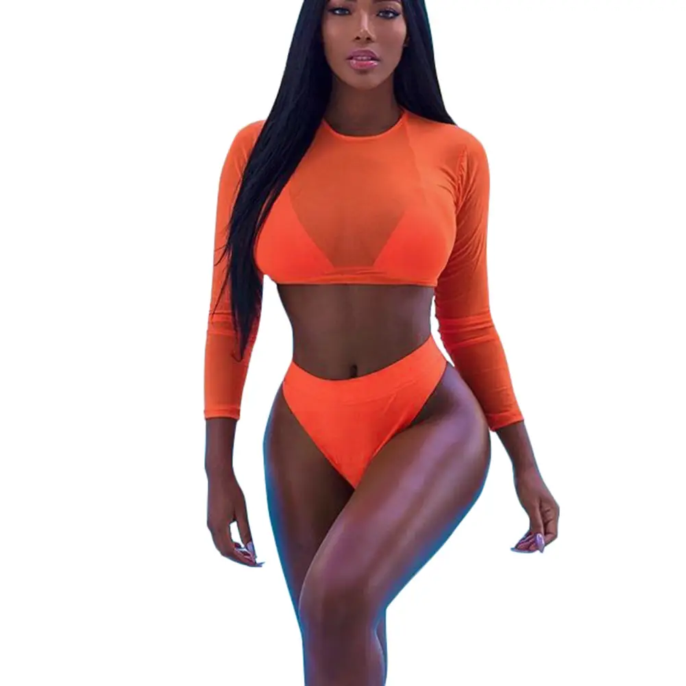 Women's Long Sleeve Bikini Set with High Waist Bottoms