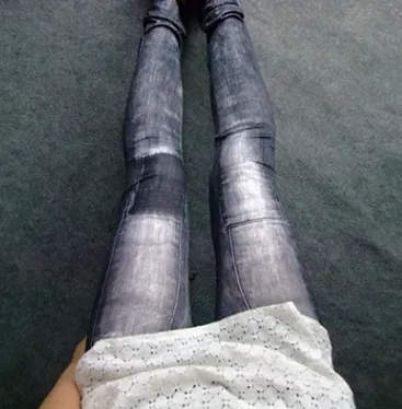 Spring And Autumn Personality Patch Elastic Denim Leggings Wild Slim Nine Points Feet Pants Women Black - Shop at LoveMi