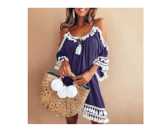 Summer explosions hanging neck tassels net color strapless dress short skirt