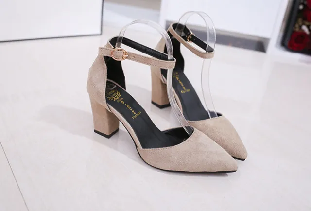 spring and summer women's sandals new pointed high heeled buckle women's shoes European station summer single shoes thick with sandals Khaki - Shop at LoveMi