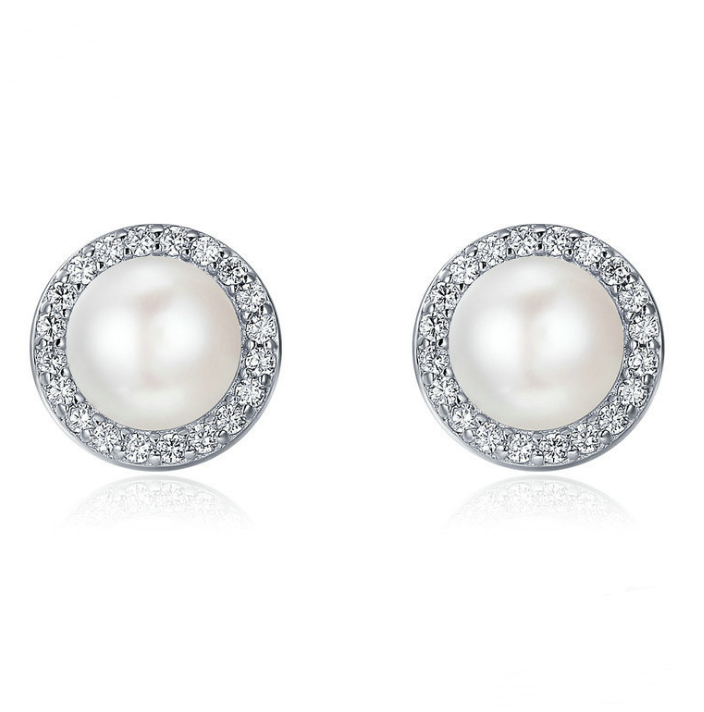 925 Sterling Silver Classic Round Sparkling CZ Freshwater Pearl Stud Earrings for Women Sterling Silver Jewelry