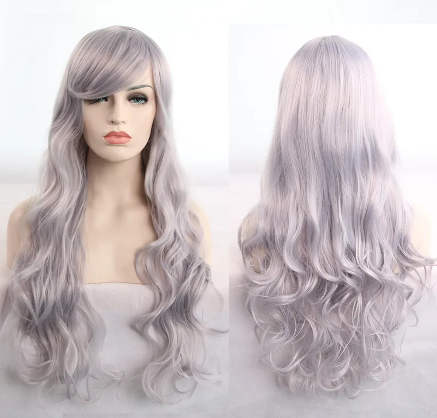 Anime cos wig color 80cm long curly cosplay role playing - Silver Gray